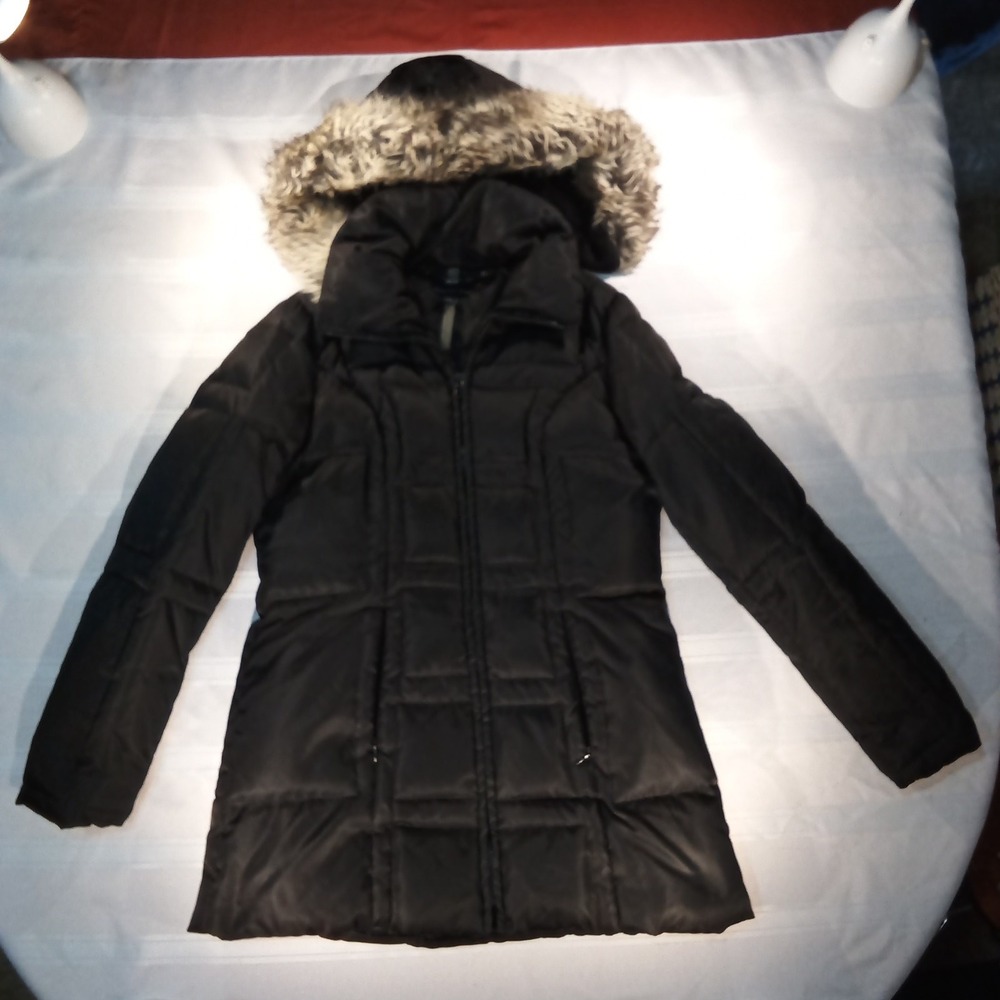 Jones New York‎ Puffer Coat Women 8 Black Hooded Jacket Faux Fur Trim